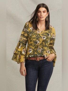 Cabi Semi-Sheer Top, Sz. S, Bell Sleeve, Bold Print, Mustard Yellow/Peach/Green